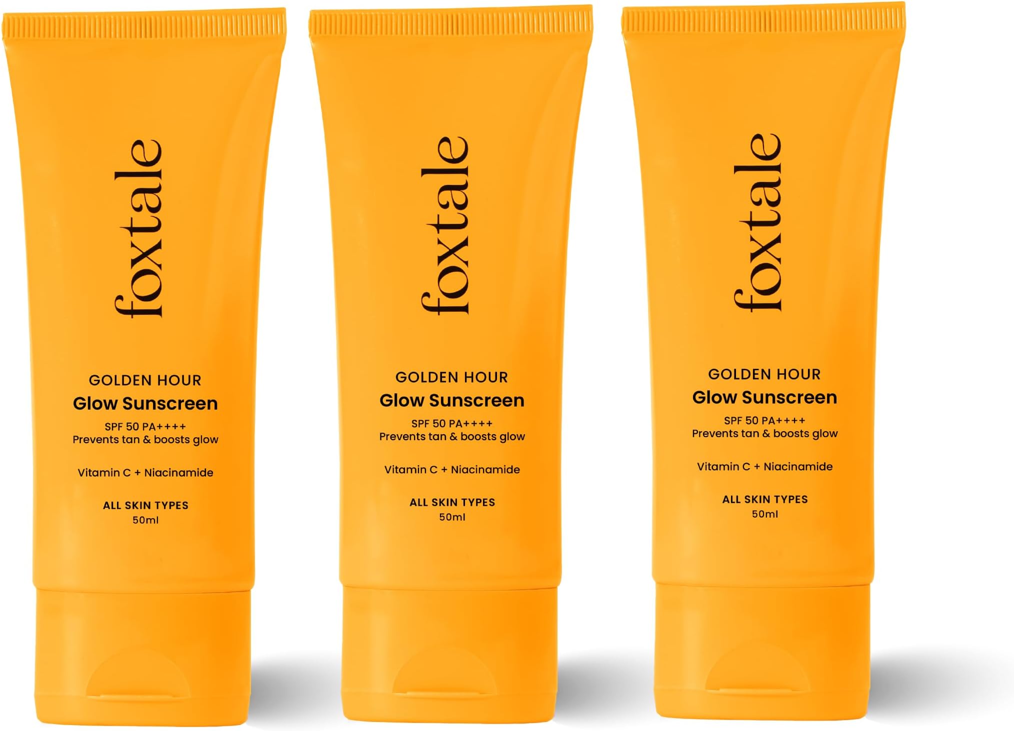 Foxtale Glow Sunscreen SPF 50 PA++++ with Vitamin C & Niacinamide, In-Vivo Tested, Sensitive-Skin Friendly, Made with 100% New-Gen Filters, Lightweight, Non-Greasy, No White Cast |For Men & Women | All Skin Types | Pack Of 3 | 150 Ml