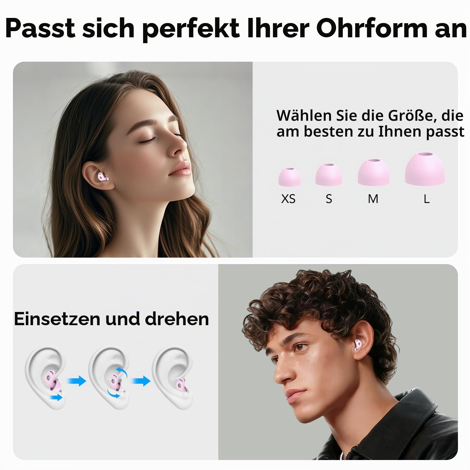 Ohrstöpsel zum Schlafen, 45dB Noise Cancelling Gehörschutz Earplugs, rosa | Weich und Wiederverwendbar, 8 Ohrstücken in 4 Größen (XS/S/M/L), Silikon Ohrenstöpsel für Flugzeug Konzert Schnarchen
