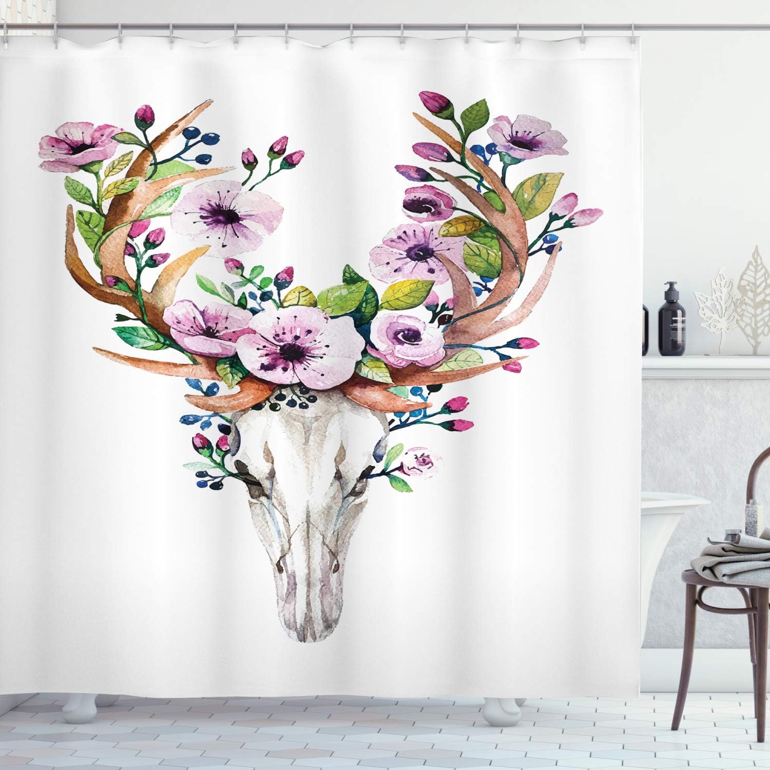 Ambesonne Skull Shower Curtain, Deer Animal Skull with Floral Horns Nature Inspired Dead and Living Art Print, Cloth Fabric Bathroom Decor Set with Hooks, 69" W x 75" L, Brown Purple