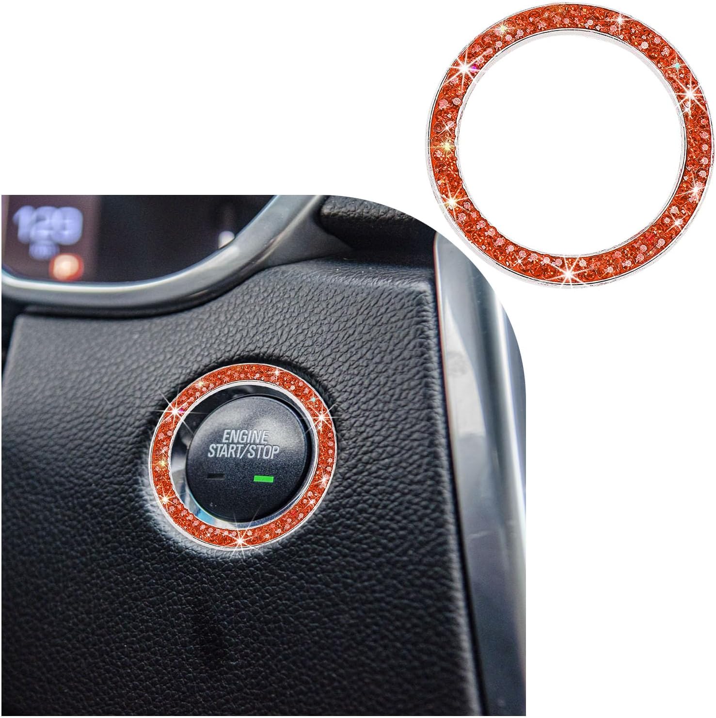 Bling Crystal Double Rhinestone Car Engine Start Stop Decoration Ring, Push Start Button Bling Ignition Ring Sticker, Sparkling Car Interior Accessories for Women (Orange, 1 PC)