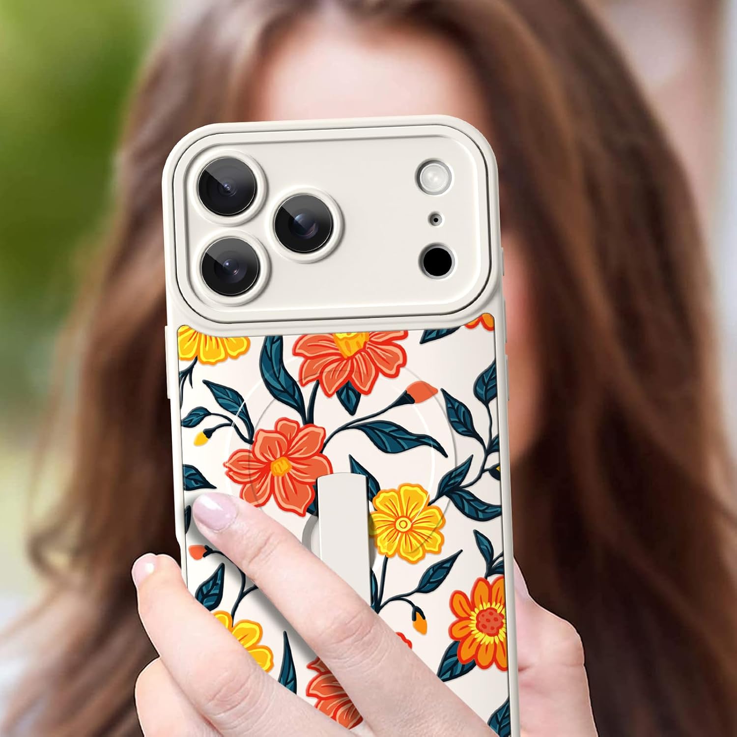 Magnetic Case for iPhone 17 Pro, Cute Orange Flower Floral, Built in Wrist Strap Grip Hand Finger Kickstand Compatible with Magsafe Full Camera Protection Cover for Women Men, White