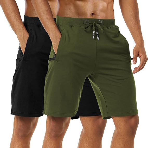 Boyzn Men's 2 Pack Athletic Shorts Comfortable Cotton Workout Shorts Elastic Waist Running Shorts with Zipper Pockets
