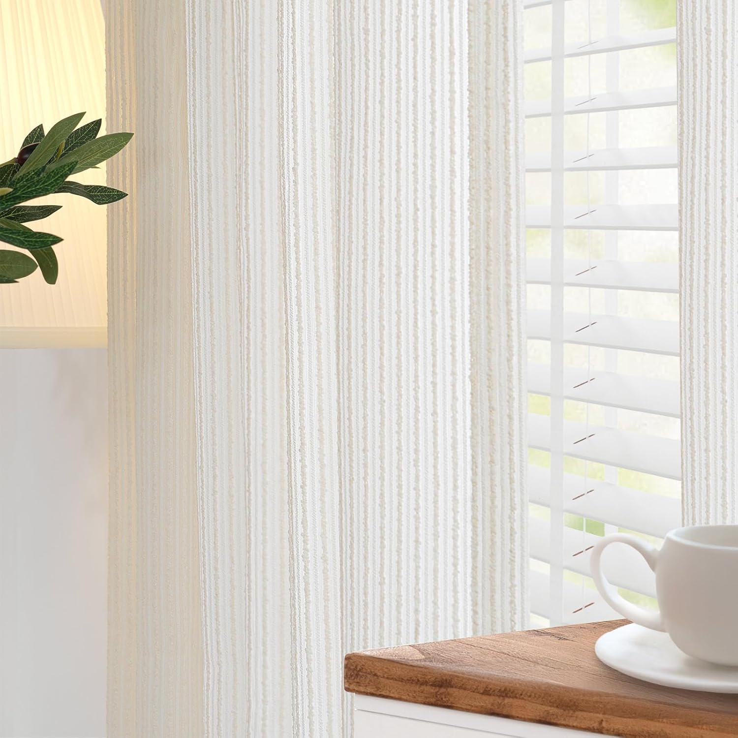 Linen Curtains White Striped Curtains 80 Inch Long for Living Room/Bedroom, Soft Thick Stripe Pattern Light Filtering Pinstripe Window Treatment (2 Panels, W52 x L80, White)