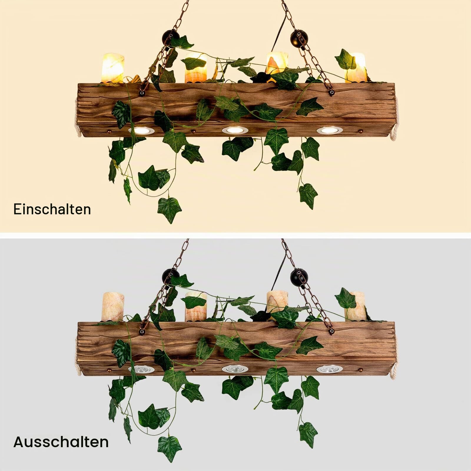 Holz Retro Pendelleuchte Rustikale Kronleuchter 39.3" Holzbalken Hängeleuchte Holz Hängelampe 4-Licht für Esszimmer Schlafzimmer