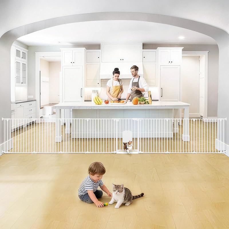 Baby Gate with Cat Door, Extra Wide 29.14-199.21 Inch Pet Gate | Auto Close, Foldable, Cat Flap, One-Handed Open, No-Drill/Screw Mount, Alloy Steel, For Fireplace, Playpen, Hallway, Kitchen