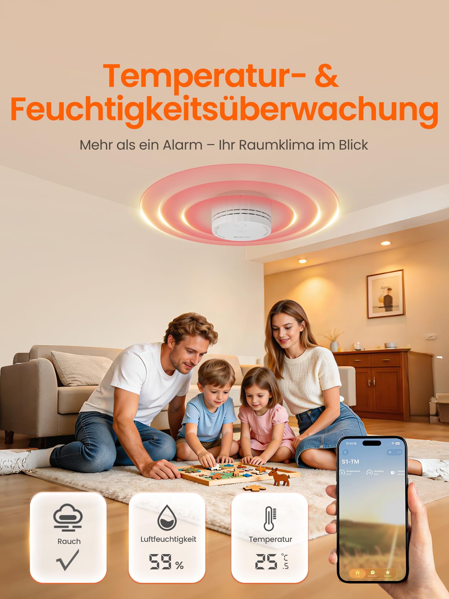 Heiman Rauchmelder Matter mit Temperatur und Feuchtigkeitssensor, S1-TM | austauschbare 5-Jahres-Batterie, Magnethalterung, kompatibel mit Apple HomeKit, SmartThings, Home Assistant und Homey