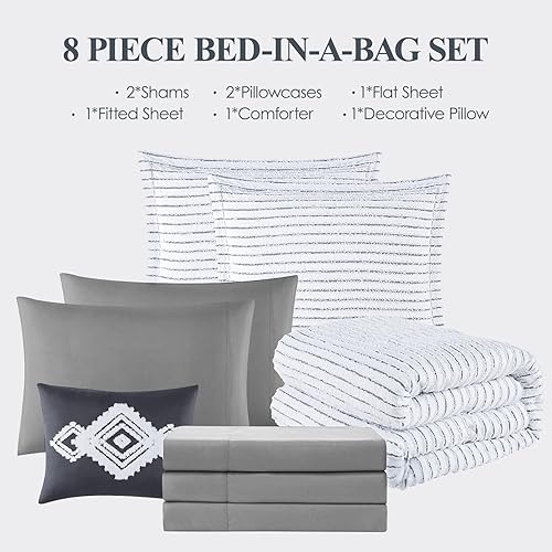 Miniatura 7 de WRENSONGE Juego de edredón jacquard tamaño King, juego de edredón bohemio de 8 piezas a rayas blancas y negras, juego de ropa de cama acogedor de