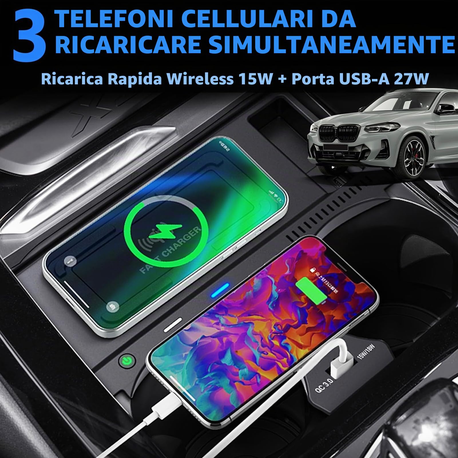 Caricabatterie Wireless per Auto per BMW X3/X4/X3M/X4M 2019-2024 Tutti i Modelli, Piastra di Ricarica Rapida da 15W con Porta USB da 27W, Scatola per i-Phone Sam-Sung