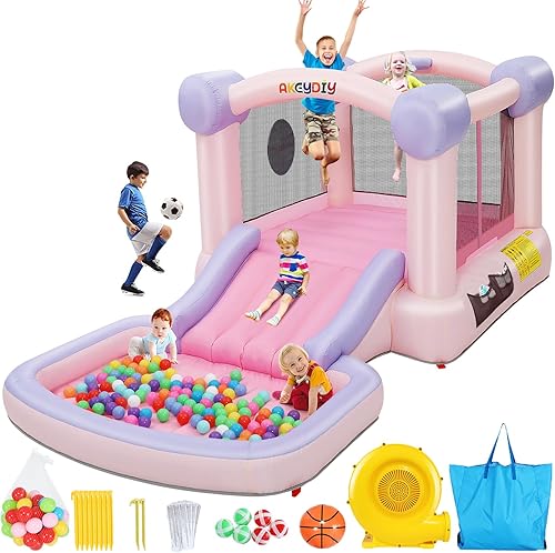 AKEYDIY Casa de rebote inflable para niños con soplador incluido, casa de juegos para interiores y exteriores, casa de salto de macarrón rosa para