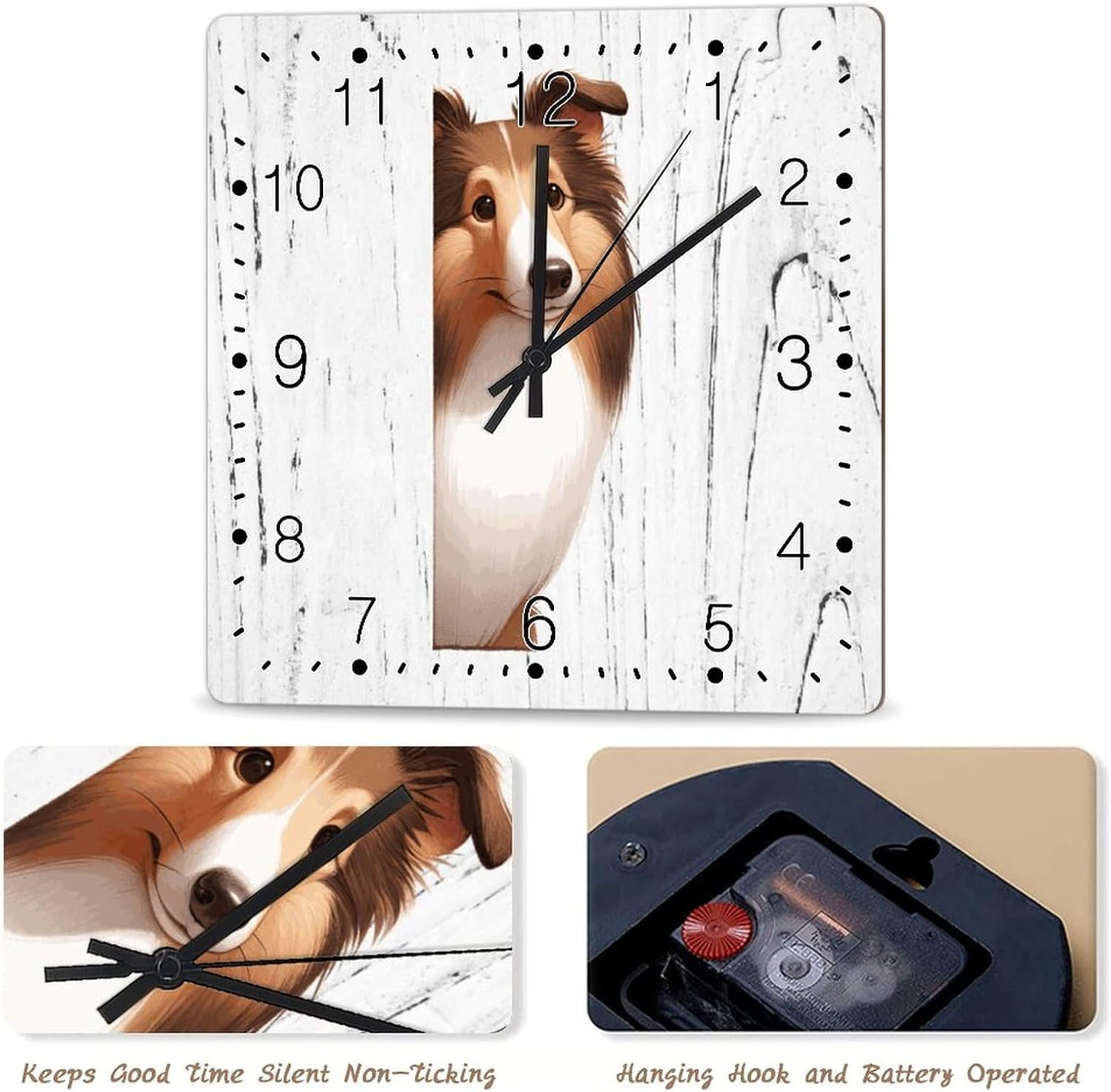 Clock Collie Clock for Wall Collie Dog Peeking ASquare Corner Art Clocks Non-Ticking Battery Operated Square Clock Gift for Dog Mom Clocks for Living Room 15x15in