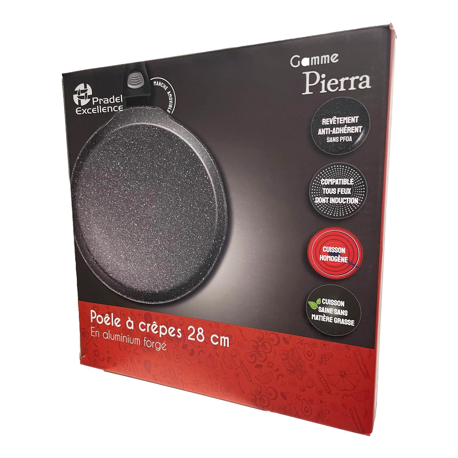 Pradel Excellence - PCUI002008 - Poêle à Crêpes en Aluminium Forgé Pierra Ø28cm - Revêtement Anti-Adhésif Façon Pierre - Manche Amovible - Tout Feu, Induction, Noir