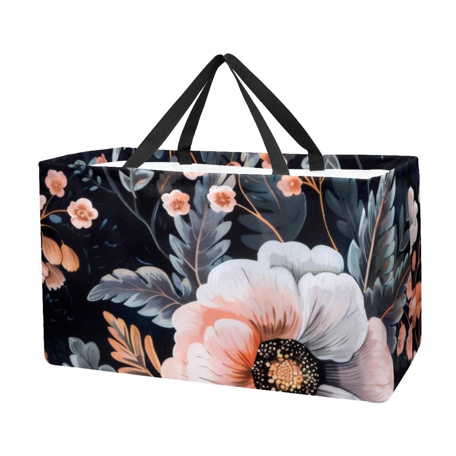 Sac de courses réutilisable, pliable, sac fourre-tout utilitaire lavable, tient debout pour pique-nique, camping – Motif floral rose sur noir, multicolore, 22.0x12.6x11.4 in/56x29x32 cm