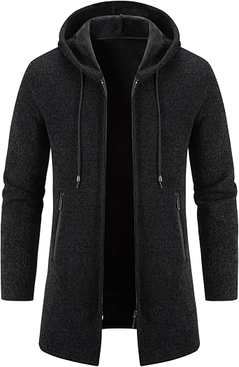 Mylldey Mens Long Cardigan Hoodies Full-zip Fleece Lined Sweaters Knit Regular Fit Casual Sweater Hooded Coat wiht Pocket