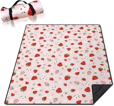 Strawberry Bow Picnic Blankets Waterproof Foldable, 60x80 Portable Outdoor Picnic Mat Water Resistant for Grass, Padded Lawn & Park Blanket for Camping,Hiking