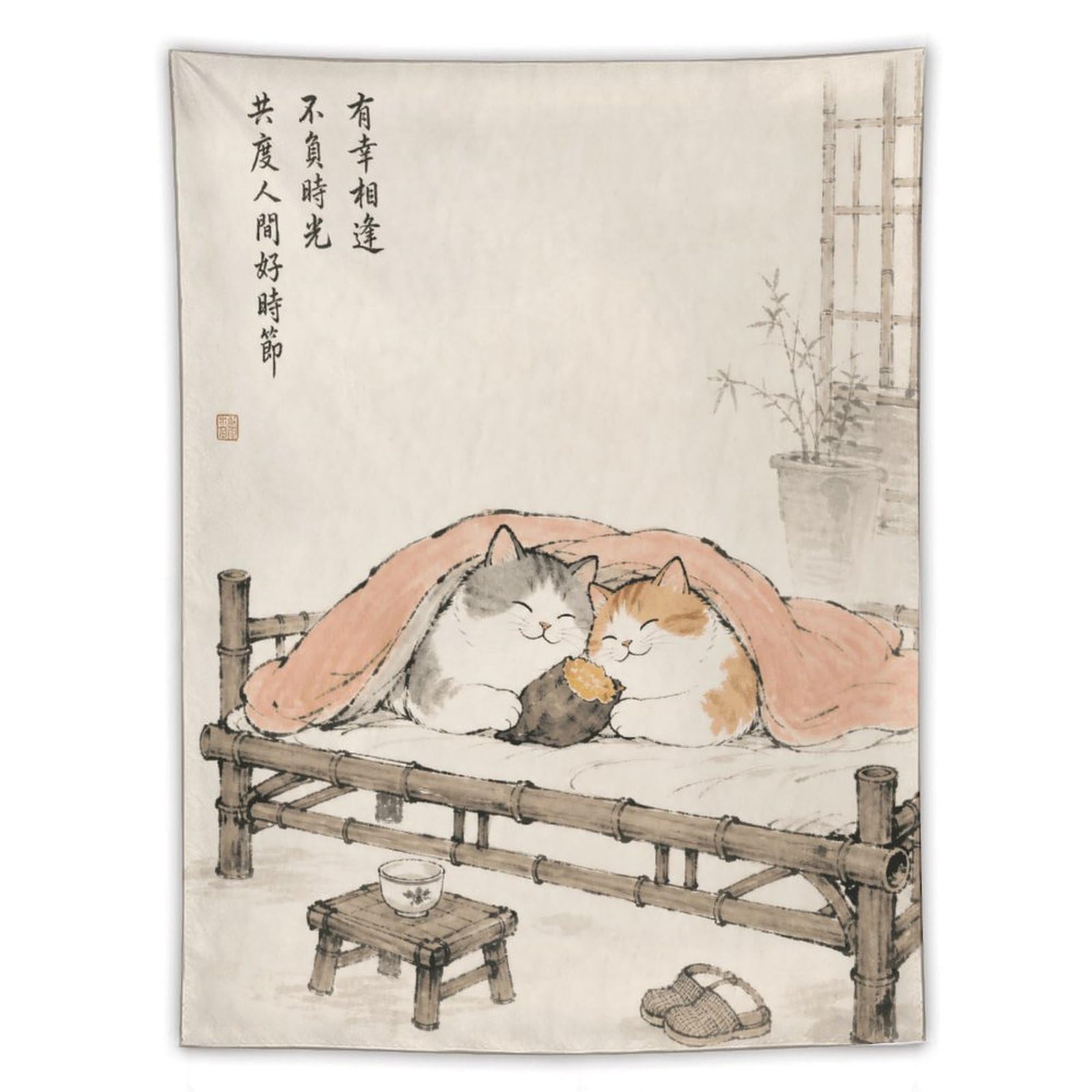 W7C8U2X3 Sleeping cat on Daybed Wall Tapestry, Asian Ink, College Dorm
