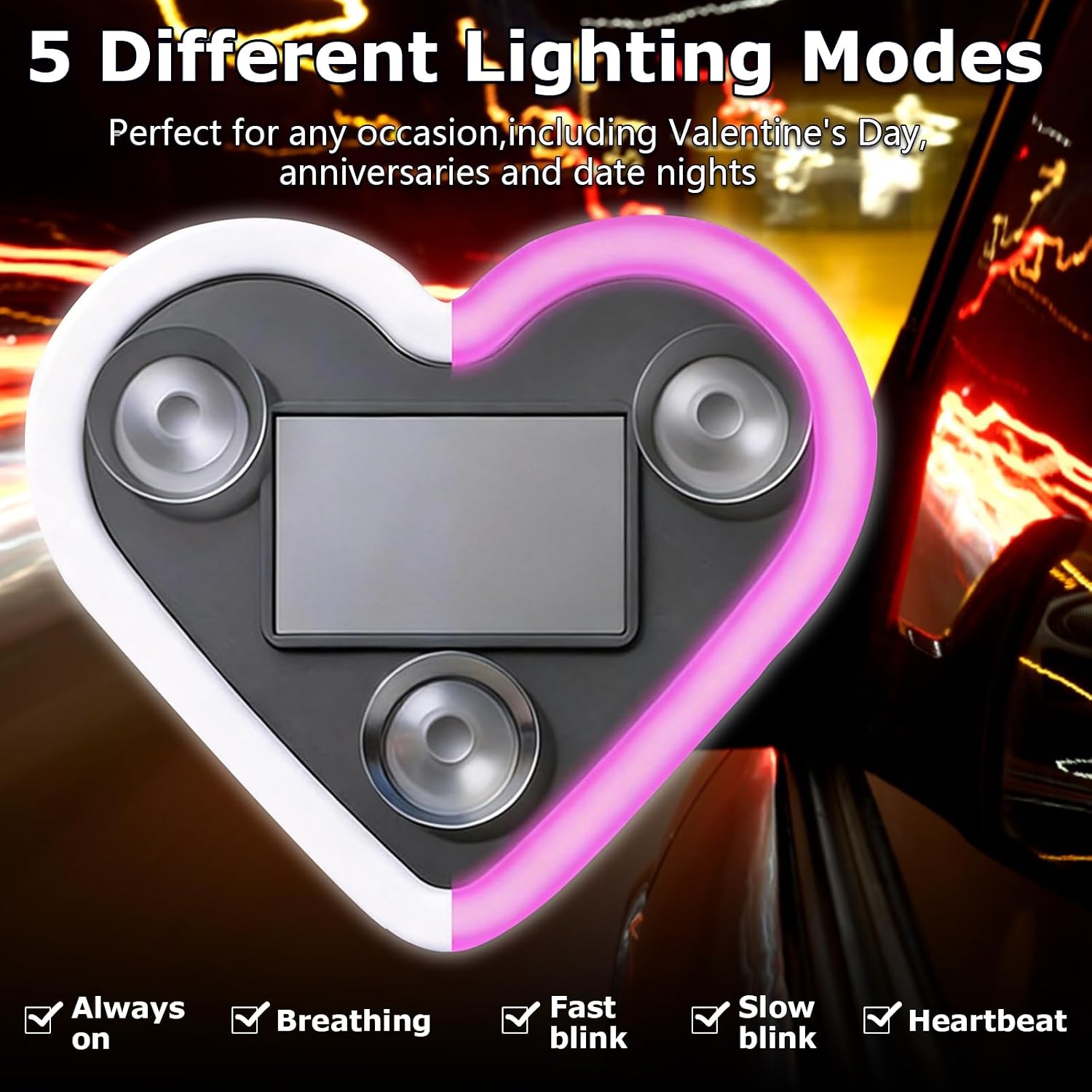 4 PCS Heart Light for Car, Solar Powered Car Window Light with Switchable 5 Modes, Ip65 Waterproof for Night Driving, Romantic Cars Interior & Outdoor Decor, Valentine's Day & Couples Gifts