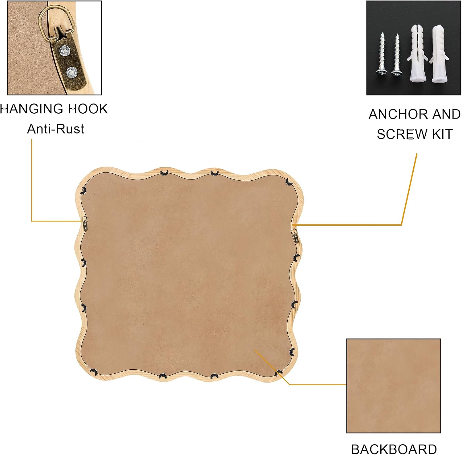 Square Wooden Frame Wavy Mirror, Hang or Lean Against The Wall for Cloakroom Bedroom Living Room, Bathroom Mirrors for Over Sink (Natural, 36" x 36")