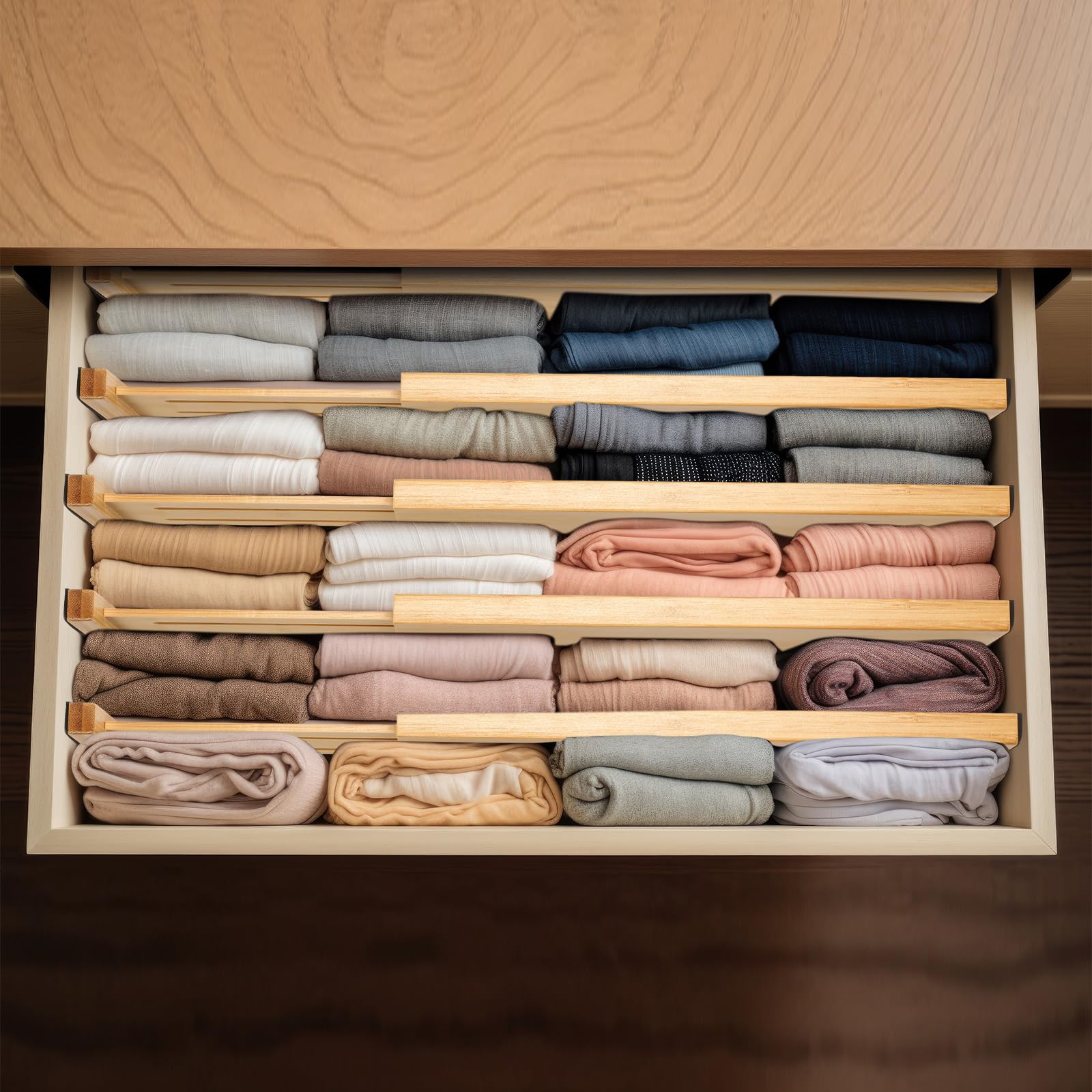 Fabsome Confezione da 6 organizer per cassetti, altezza 1,65 cm, regolabili da 43 a 55 cm, divisori per cassetti in bambù per abbigliamento per bambini, separatori in legno per cassettiera,
