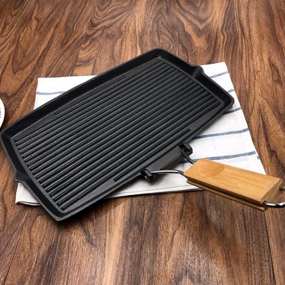 Griddle Pan Grill with Folding Handle, Cast Iron Rectangular Steak Pan, with Wooden Handle,for Steak or BBQ,Black