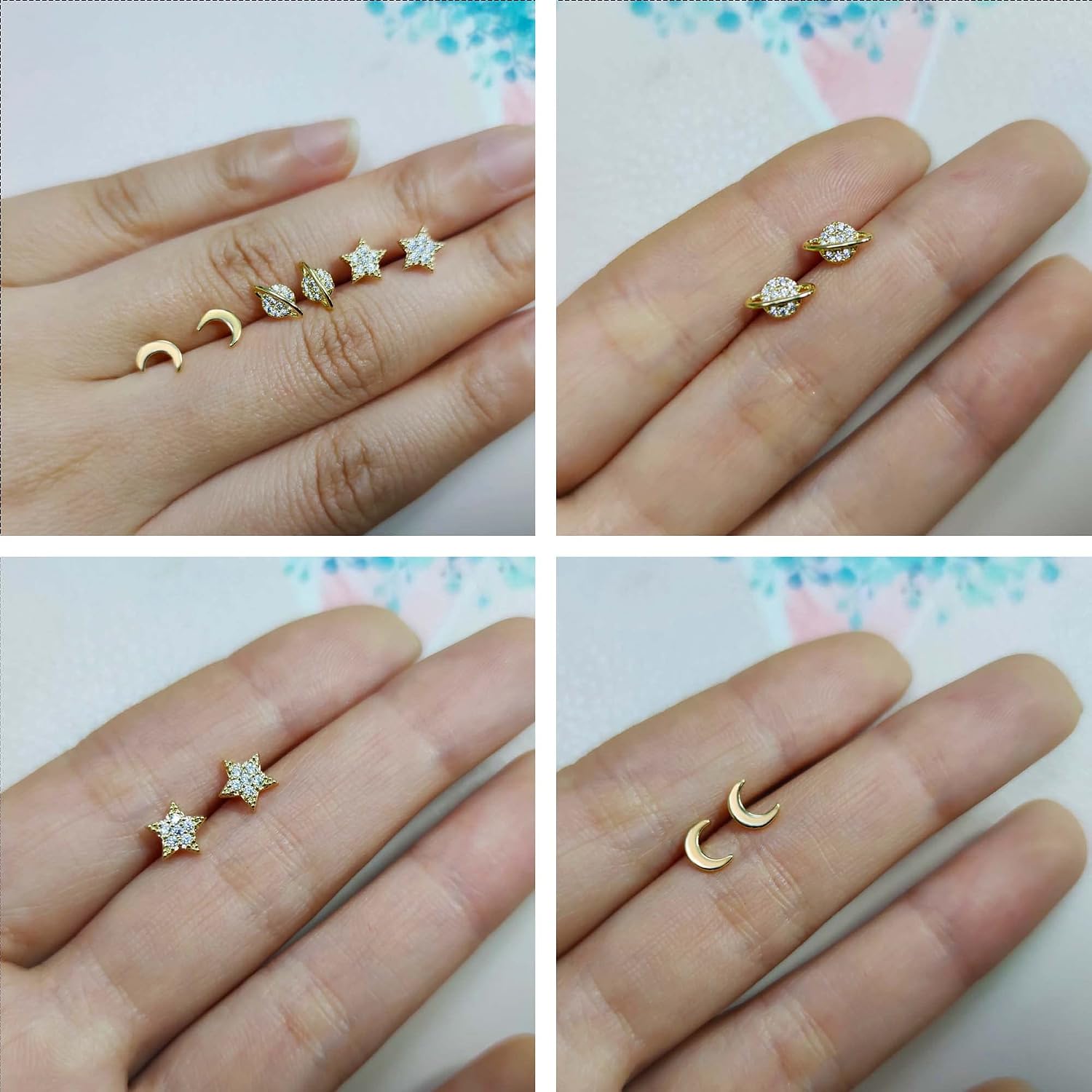 3 Pairs Gold Moon Earrings Star Earrings Planet Earrings Studs for Women,14K Gold Plated Moon and Star Earrings Dainty Heart Saturn Earrings Stud Earring for Women