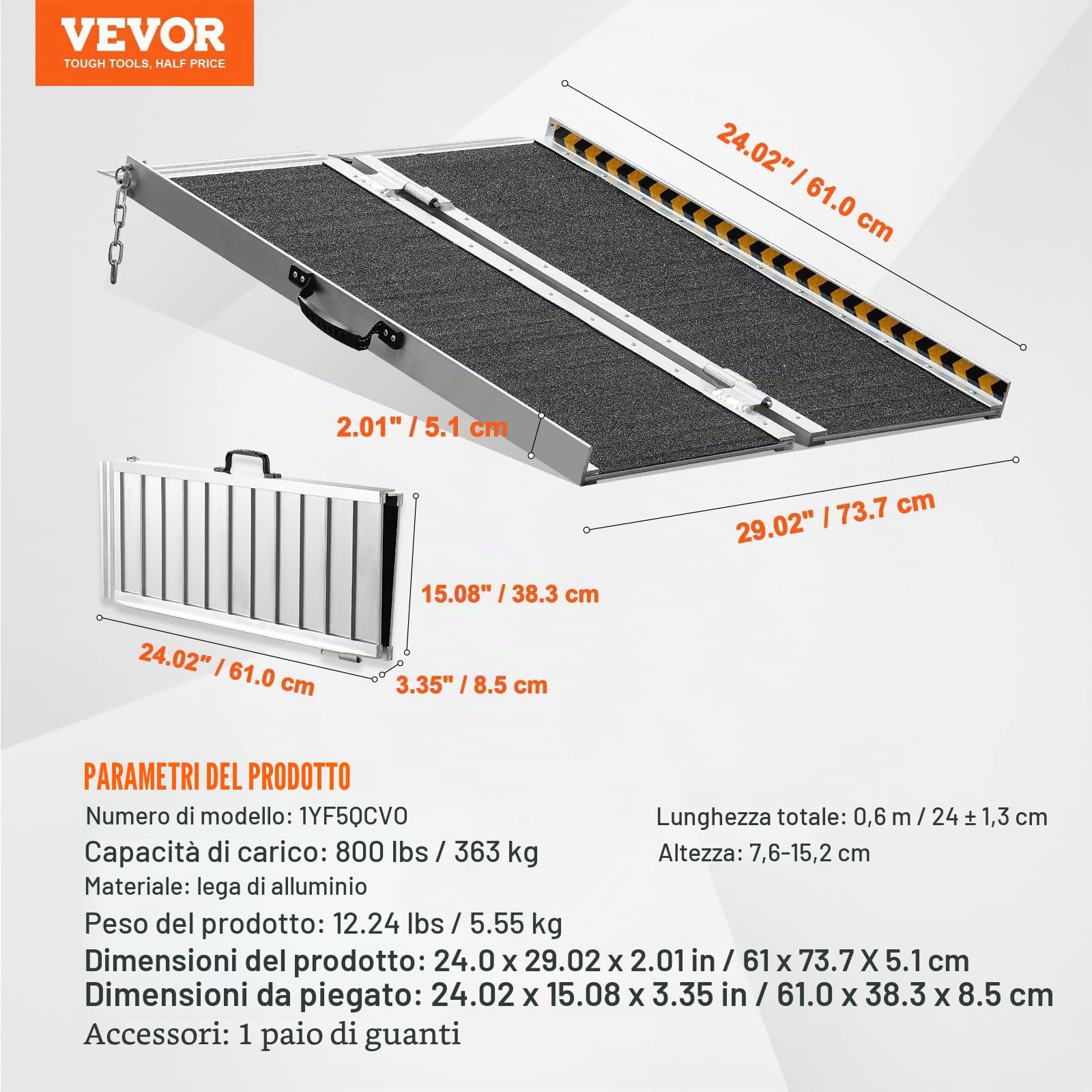 VEVOR Rampa per Sedia a Rotelle Portatile, 800 Libbre, Rampa con Soglia Pieghevole in Alluminio Antiscivolo, Rampa per Scooter per Mobilità Pieghevole per Gradini di Casa, Scale, Porte, Cordoli