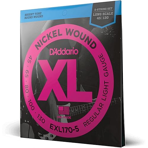 D'Addario Bass Guitar Strings - XL Nickel Bass Strings - EXL170-5 - Perfect Intonation, Feel, Durability - For 5 String Bass Guitars - 45-130 Regular Light 5-String, Long Scale
