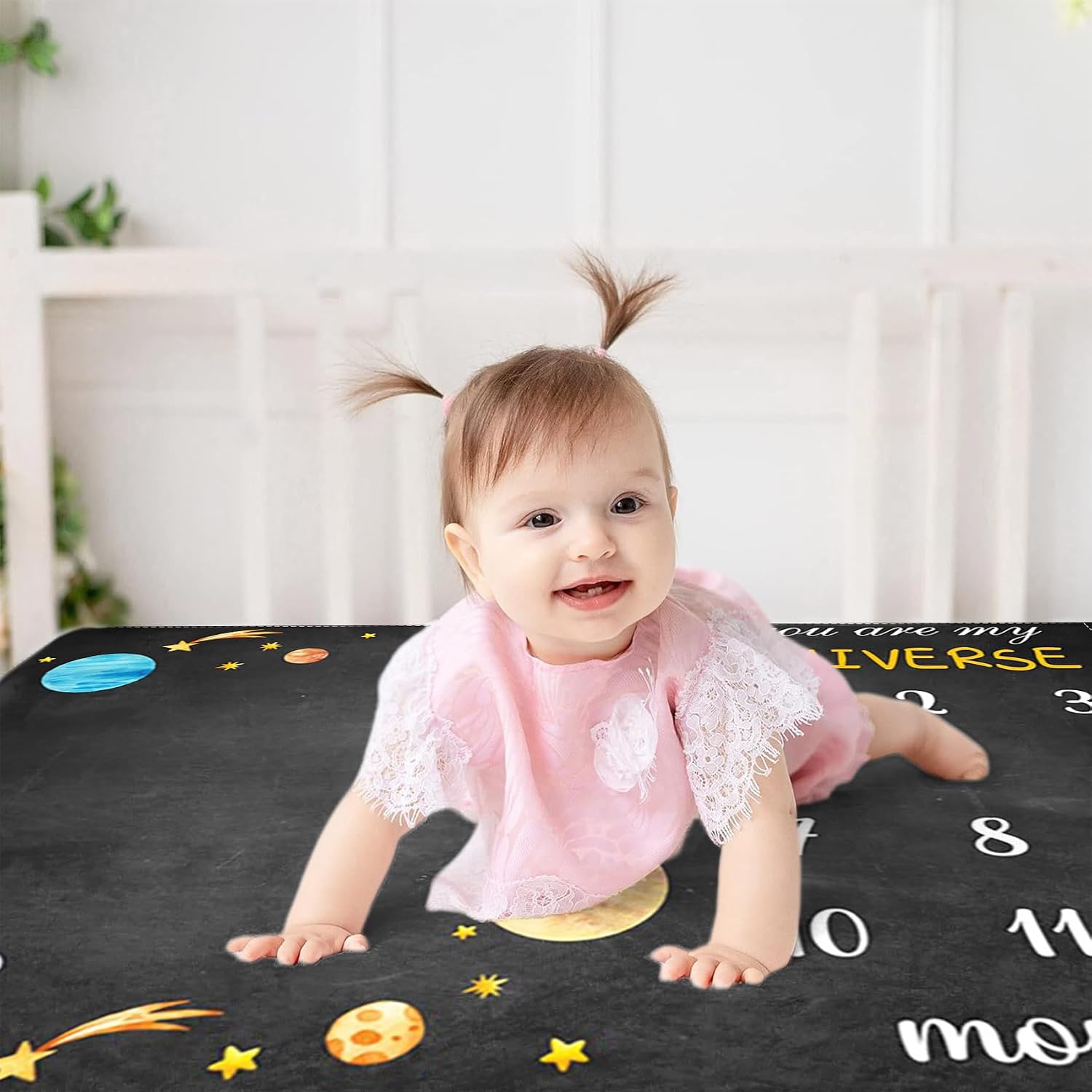 Outer Space Themed Baby Monthly Milestone Blanket Planet Cosmic Print Newborn First Year Growth Mat Baby Shower Memory Picture Recording Blanket 60"x40" with Frame
