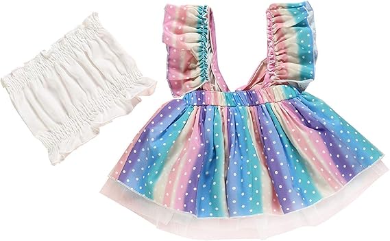 Amazon キッズ ワンピース フォマール 夏 子供 サロペット スカート セットアップ かわいい チューブトップ ガールズ ベビー ドレス 新生児 服 ドット レインボー チュール 赤ちゃん チュニック チュール 幼児 韓国 オシャレ 2点セット 誕生日 ワンピース チュニック