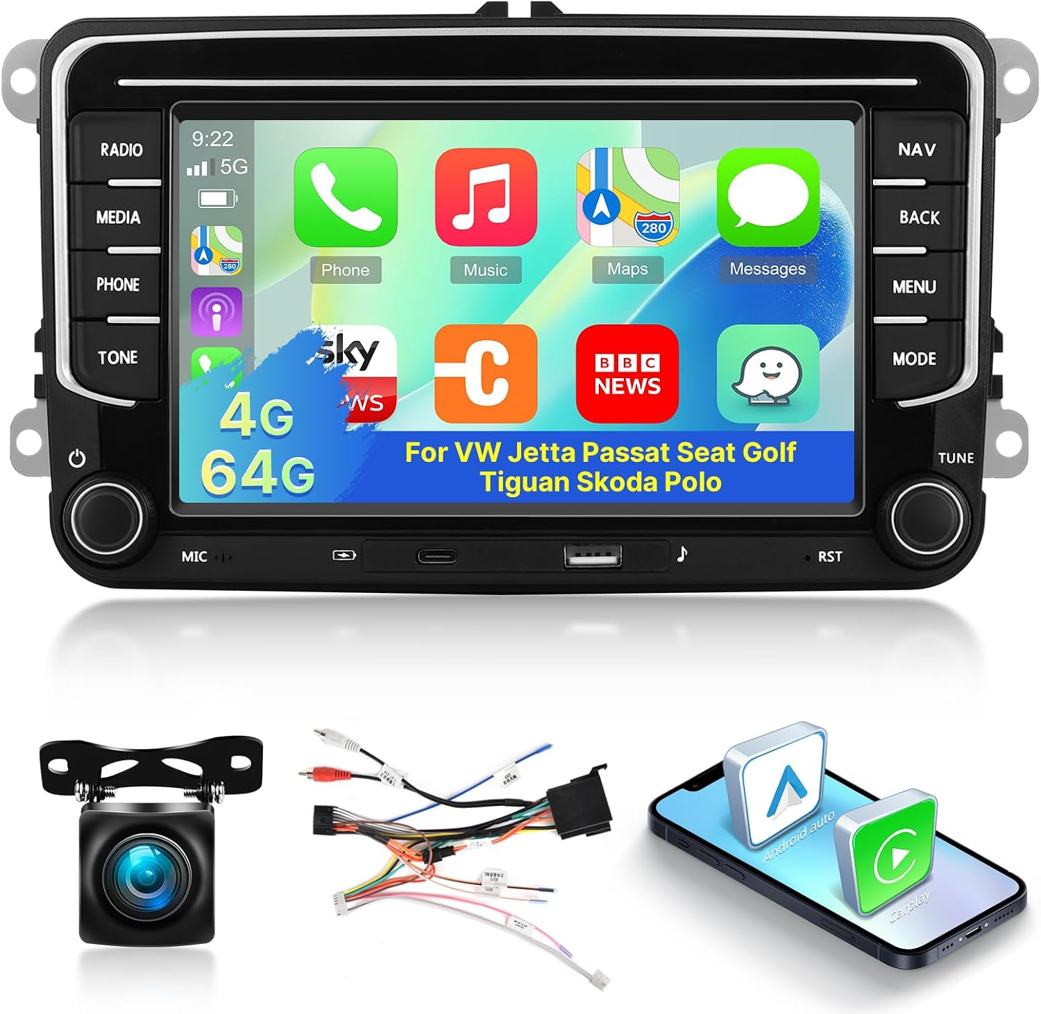 [4G + 64G] Android Car Radio for VW Volkswagen Jetta Passat Seat Golf Tiguan Skoda Polo with Wireless Carplay & Android Car 7 Inch IPS Touchscreen with GPS WiFi Bluetooth 5.0 FM/RDS Radio 32EQ