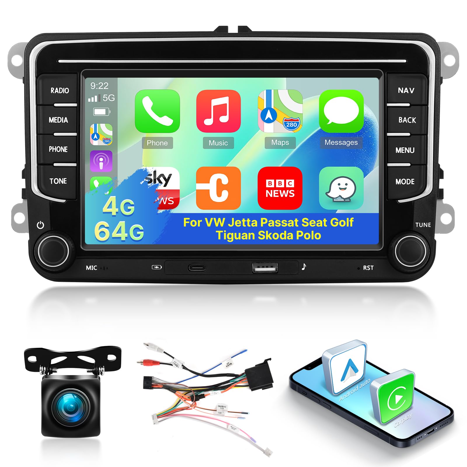 [4G+64G] Android Autoradio per VW Volkswagen Jetta Passat Seat Golf Tiguan Skoda Polo con Wireless Carplay & Android Auto, Schermo Touch 7 pollici con GPS, WiFi, Bluetooth 5.0, Radio FM/RDS,32EQ