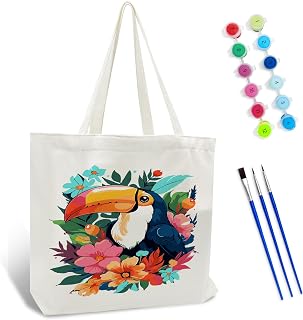 QUITEDEW Parrot Paint by Numbers Kit for Adults Tote Bag,Flower Paint by Numbers, Canvas Tote Bag for Women Shopping 13.4x17.7 inch
