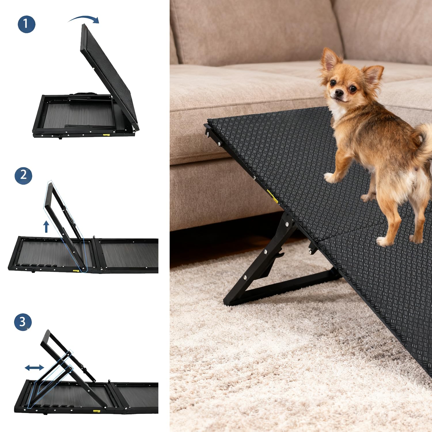 Rampa per Cani Pieghevole in Metallo, Scala per Cani Letto Regolabile in Altezza (33,5-46,5 cm), per Cani Anziani e Piccoli, Fino a 40 kg