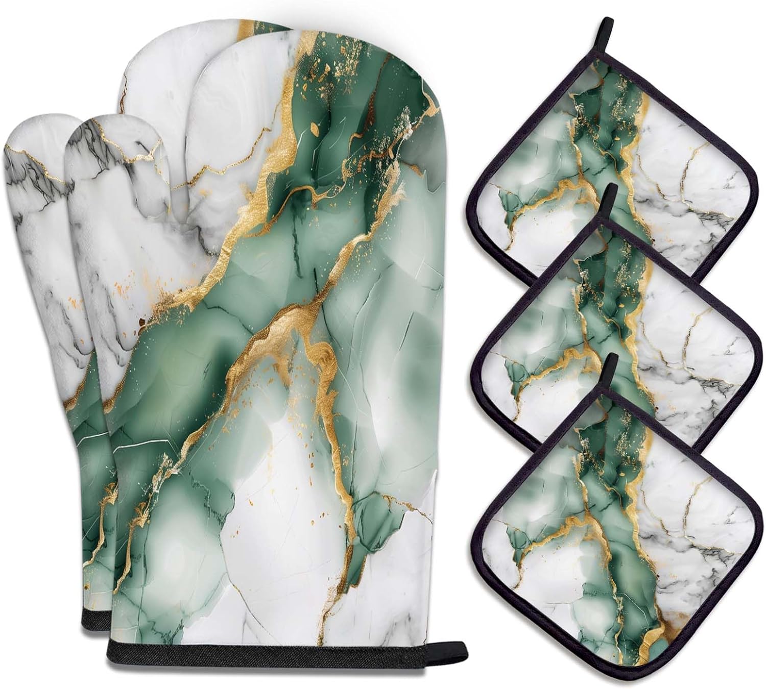 MCALK 5 Pcs Blue Oven Mitts and Pot Holders Sets, Marble Oven Gloves and Hot Pads for Kitchen Cooking, Modern Art Oven Mitt Potholder is Both Functional and Decorative