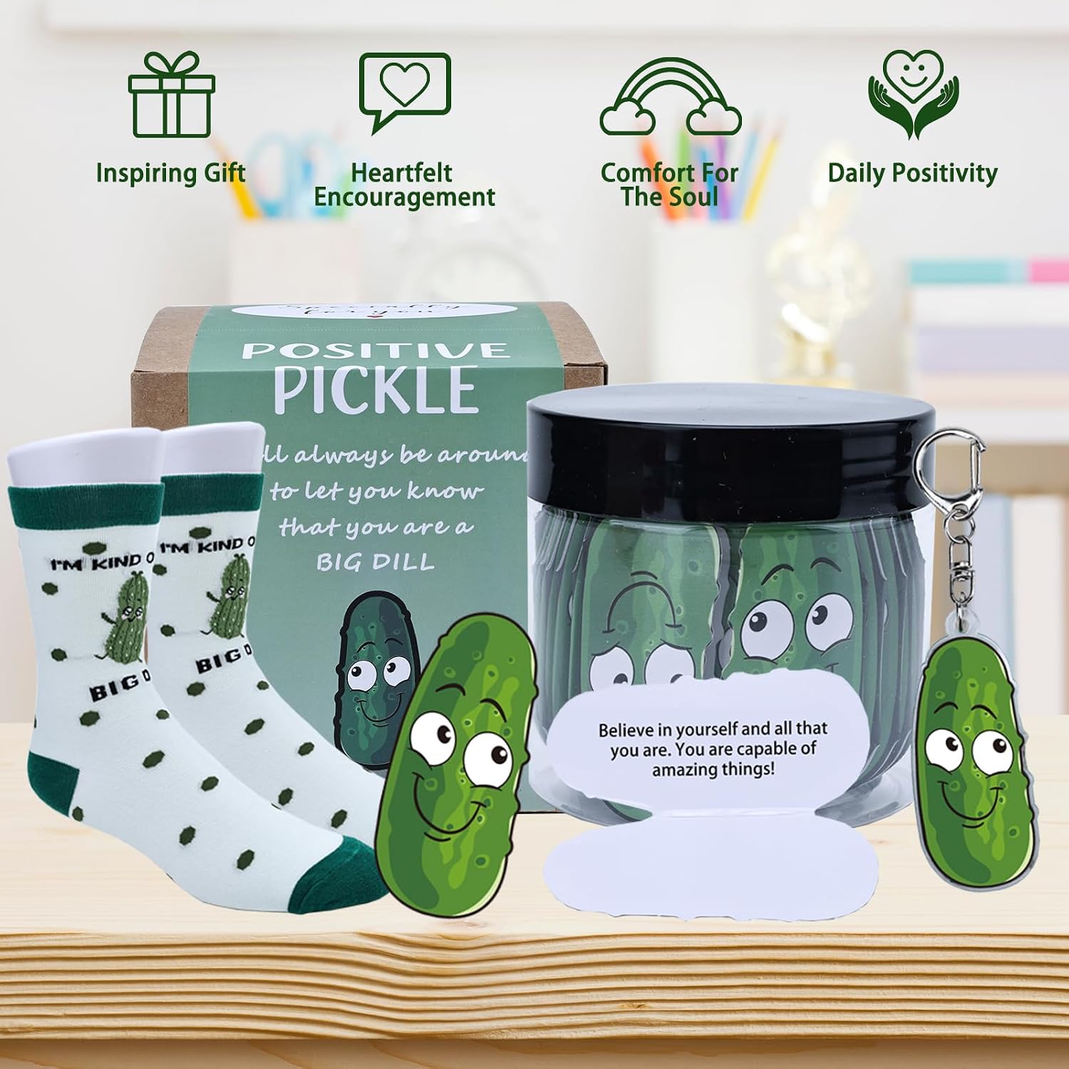 60Funny Positive Pickle Gift Affirmation Jar Pickle Socks & Keychain Support Pickles Cards for Girls Boys Women Teens Mom Dad Teacher Friends Funny Birthday Gift Whit Elephant Inspirational Xmas Gifts
