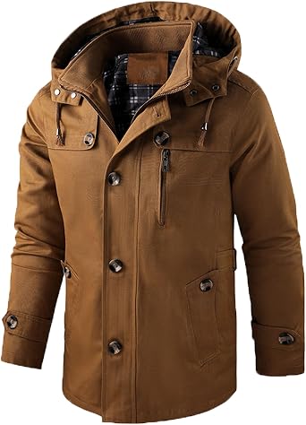 Mens Classic Casual Trench Coat Zip Windbreaker Mid Long Jacket Winter Warm Coats with Detachable Hood