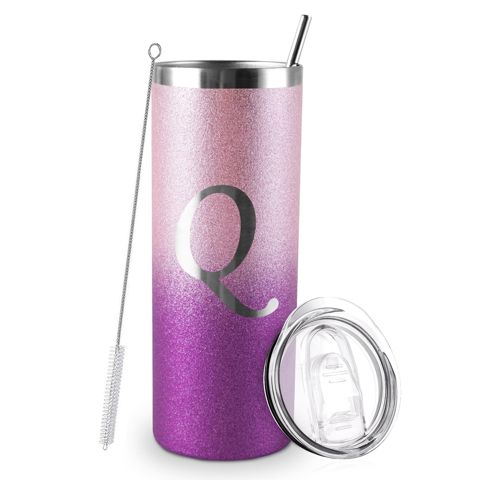 Initial Q Tumbler Cup Gifts, Personalized Initial Tumblers with Lids and Straws 20oz, Monogrammed Glitter Cup Gifts for Women, Unique Gifts Birthday for Girls Women Mom