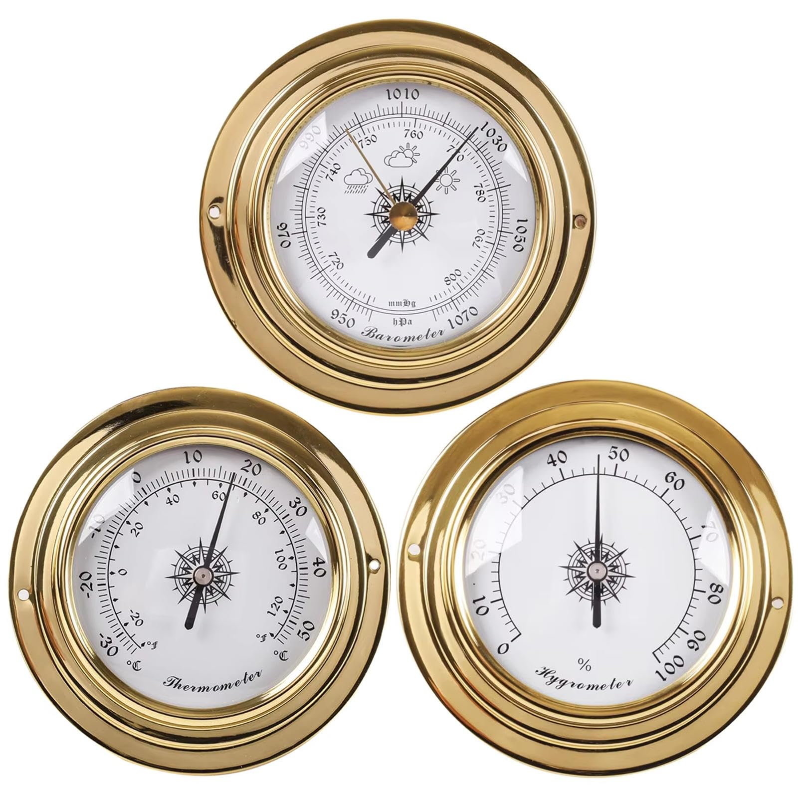 Lot de 3 baromètres, thermomètres, hygromètres, station météo analogique traditionnelle, baromètre de pêche en plein air, baromètre mural en laiton, pour les personnes qui aiment la voile (98 mm)