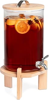 NavarisBeverage Dispenser with Stand - 1.8 Gallon (7L) Glass Drink Dispenser with Spigot, Lid, Beech Wood Stand for Hot or Cold Drinks, Ice Water