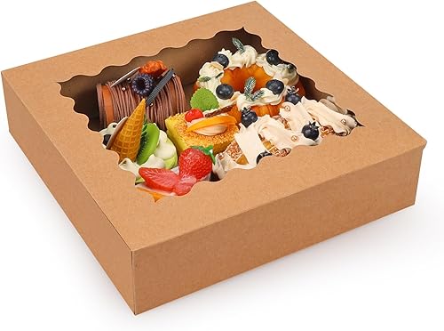 Moretoes 10 cajas para tartas de 10 x 10 x 2.5 pulgadas, cajas de panadería marrones con ventana, cajas de golosinas para cupcakes, donas cubiertas