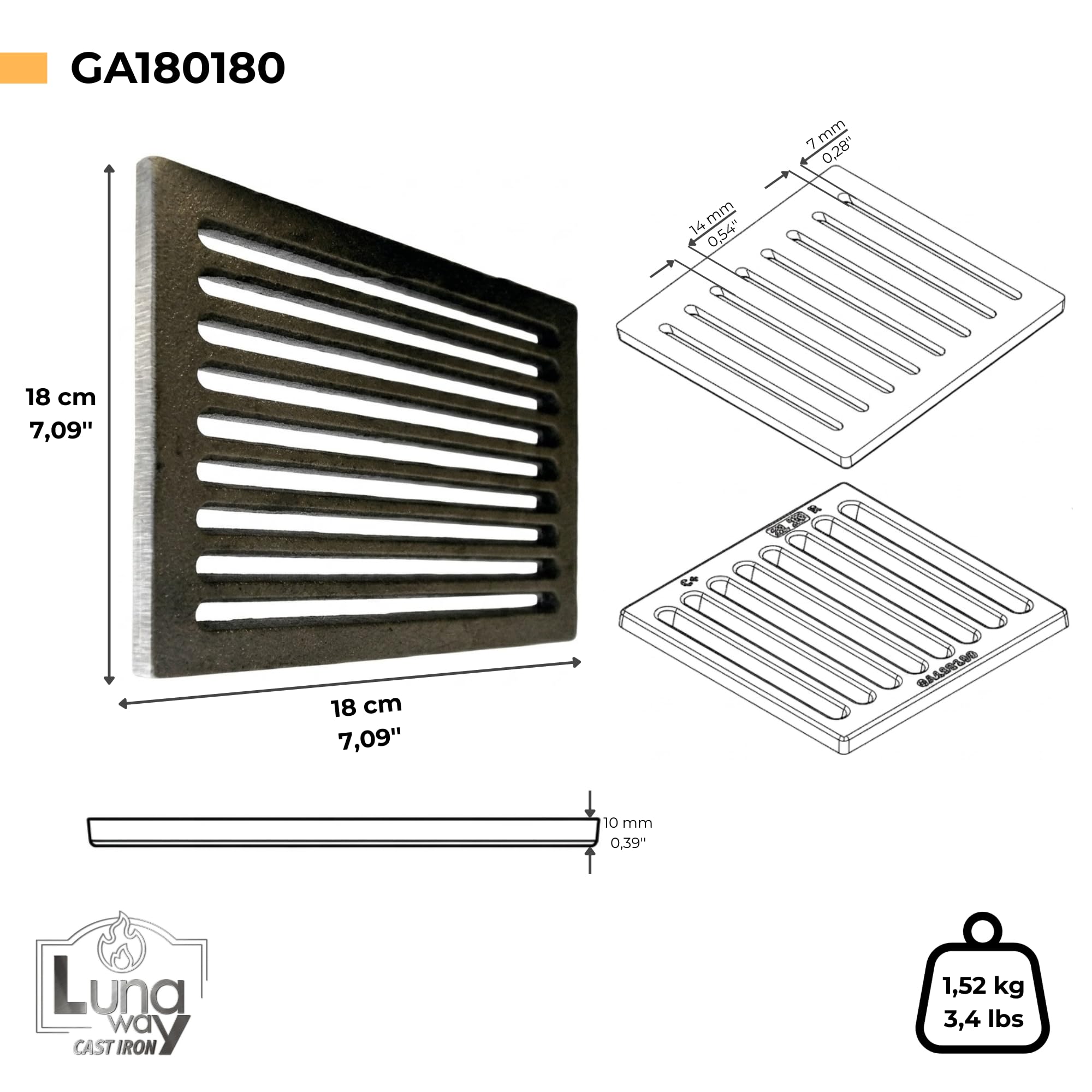 18 x 18 x 1 cm – Rejilla de hierro fundido para recoger cenizas | apta para chimeneas y estufas | Resistente | Diseño moderno | 100% hierro fundido calidad LUNAWAY