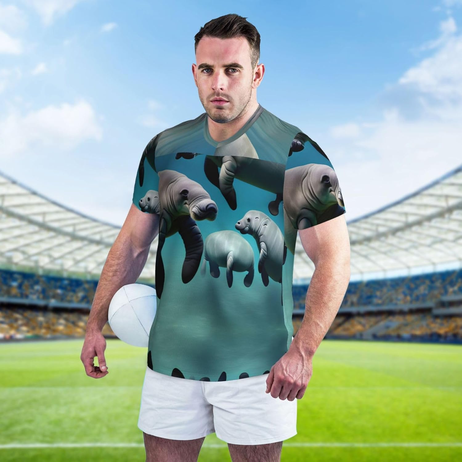 Manatee Animals Rugby Football Jersey for Men, Comfortable V-Neck Loose Fit Top for Team Sports Athletics