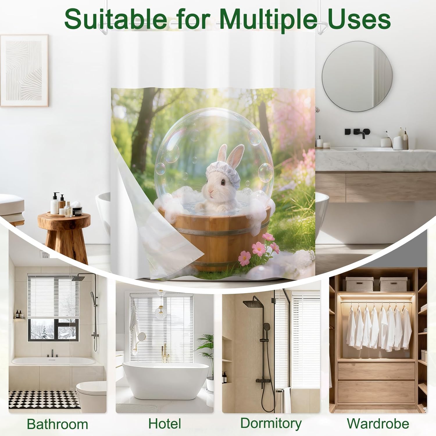 No Hook Shower Curtain with Liner, Double-Layer Waterproof Shower Curtains with Translucent Mesh Top Window, Cute Bathing Rabbit Design Spring Shower Curtain with Weighted Bottom, 71x74 Inches