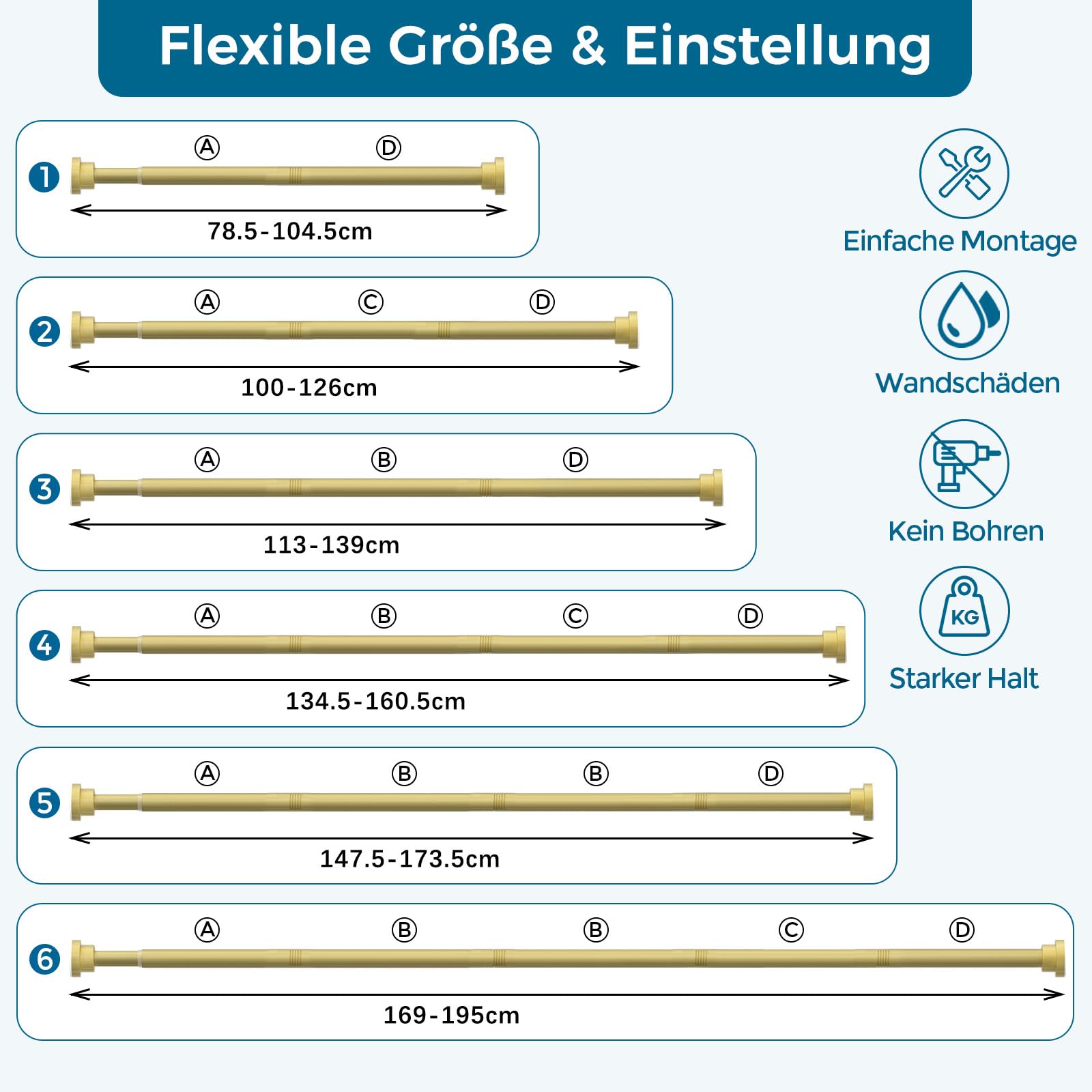 Asta per tende senza fori, 79 – 200 cm, Ø 22 mm, asta doccia a morsetto, asta estensibile per finestre, guardaroba e bagno (oro)