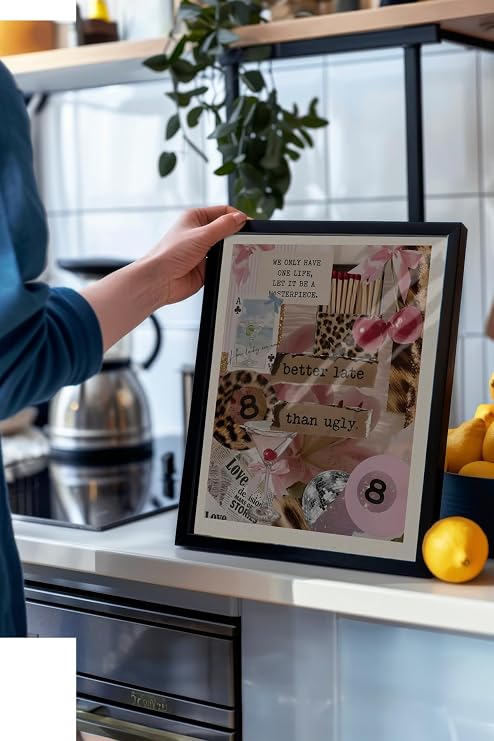 Zestia Siyah Çerçeveli Duvar Tablosu Leopar Desenli Pembe Estetik İllüstrasyon Genç Odası Dekoru, 30 x 40