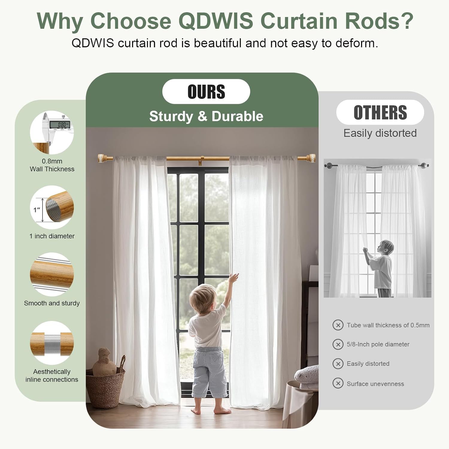 QDWIS Imitation Natural Wood Grain Curtain Rods for Windows 28 to 48 inch 1" Modern Adjustable Heavy Duty Curtain Rod Boho Decorative Drapery Rods Set for Living Room Bedroom Rustic Outdoor