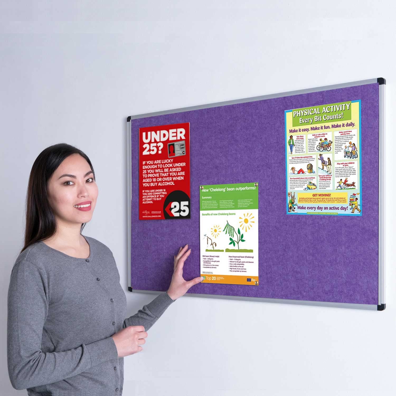 Wonderwall Fully Fire Retardant Notice Board, Purple Display Pinboard, 90 x60 cm - Aluminium Frame - Concealed wall-Mounted with Fixings - Ideal for Office, School, Displays