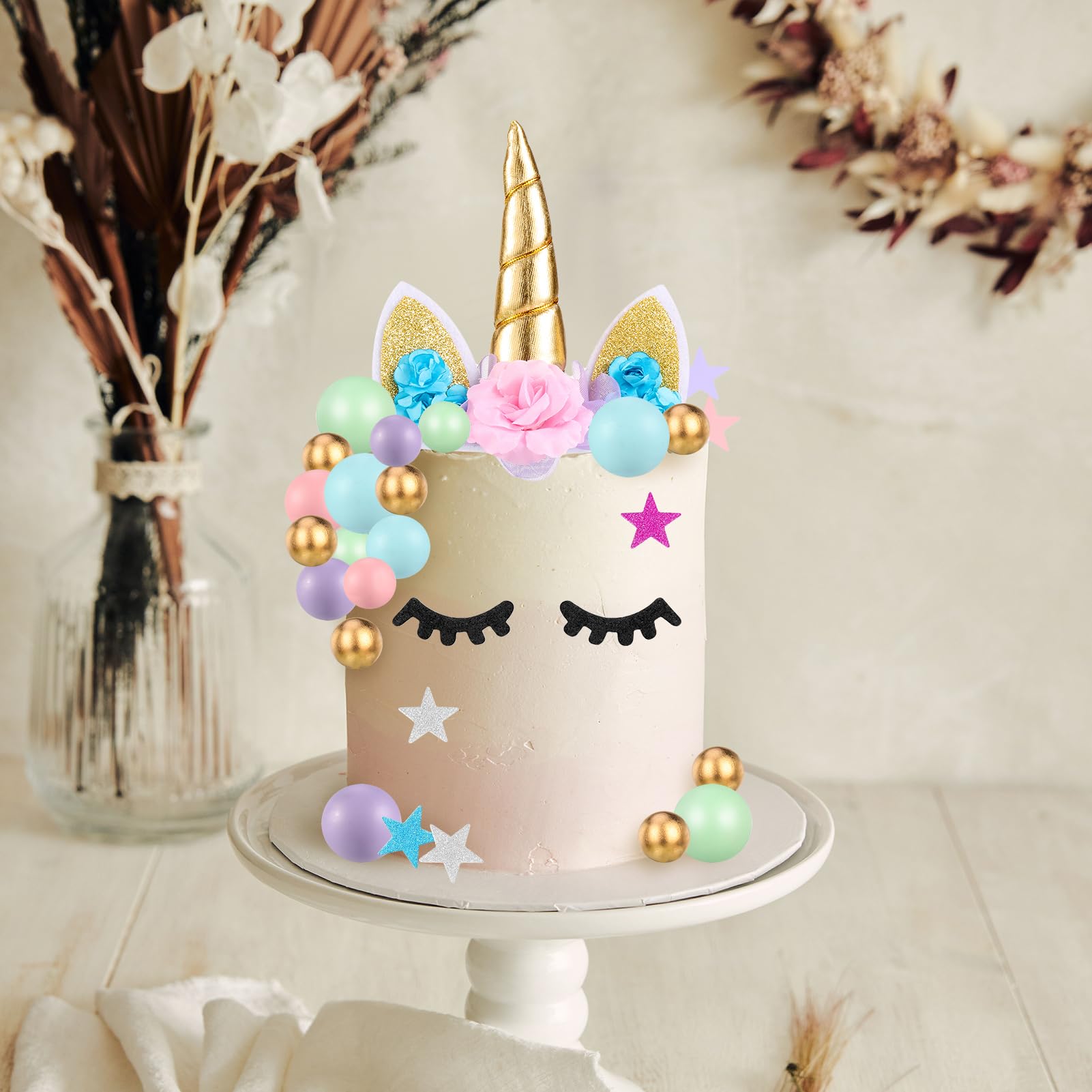 Einhorn Kuchen Topper Mit Wimpern – Gold/Regenbogen, Für Geburtstag, Baby Shower & Partys