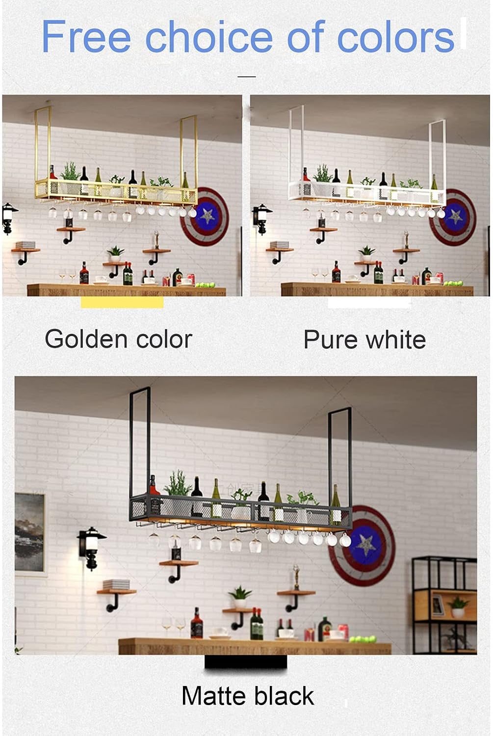 Vintage Ceiling Hanging Wine Rack - Floating Suspension Shelves, Upside Down Glass Holder, Wrought Iron Bar Decor, Stylish Plant Stand, Single Layer Display for Wine Bottles & Glasses image 3