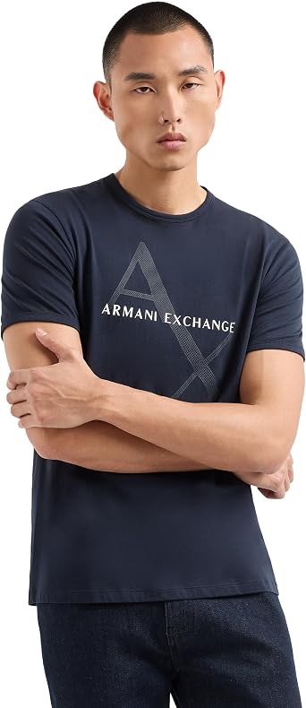 Armani Exchange Mens Crew Neck Logo Tee T Shirt, Navy, Medium