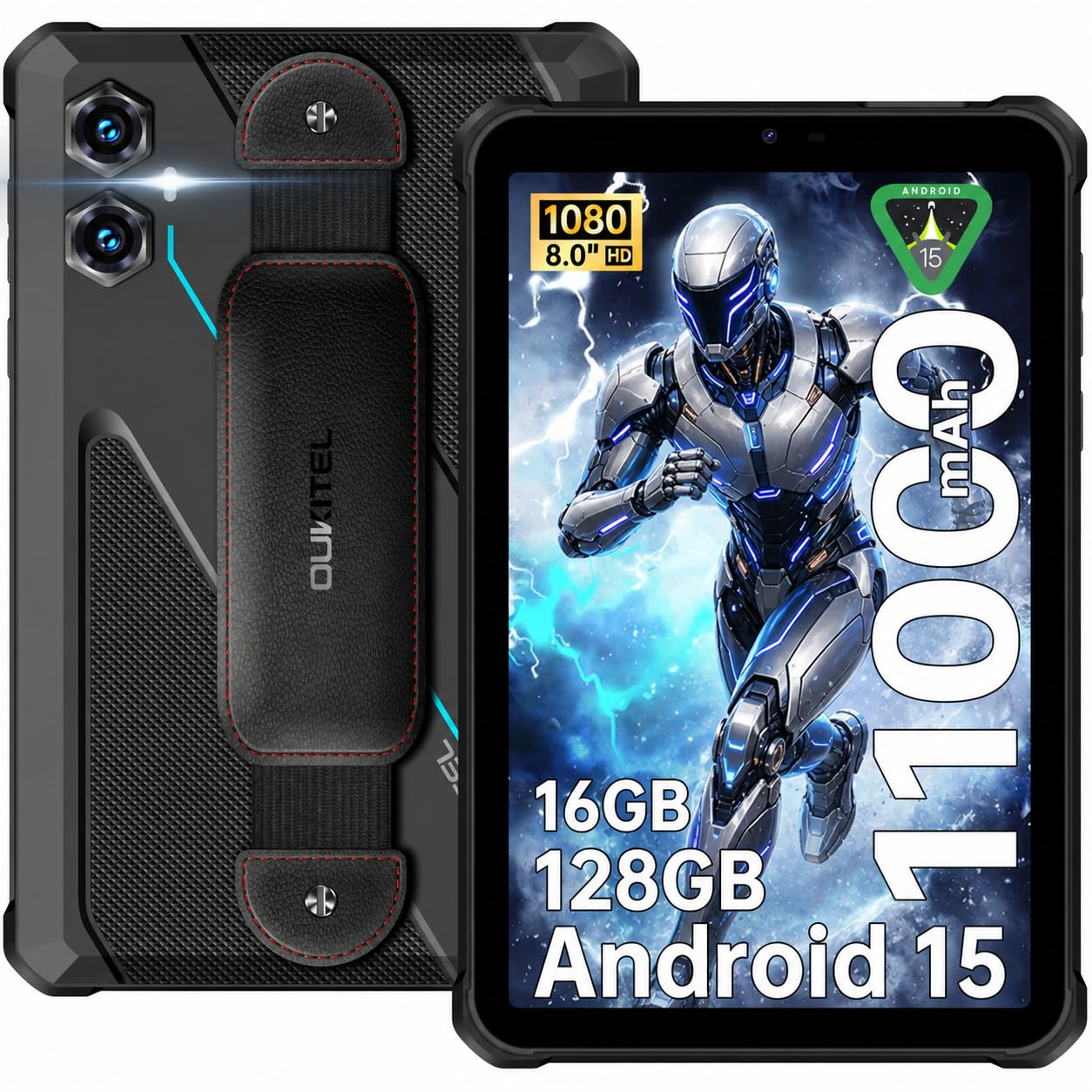 OUKITEL RT3 PLUS Rugged Tablet 11000mAh, 8" HD, Octa-Core MTK G81, Android 15 Tablet PC, 16GB RAM+128GB ROM/1TB, 16MP+8MP, IP68/Dual SIM 4G/NFC/Face ID/GPS Blu